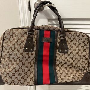 Gucci Tan GG Canvas Duffel with Green and Red Web Stripe